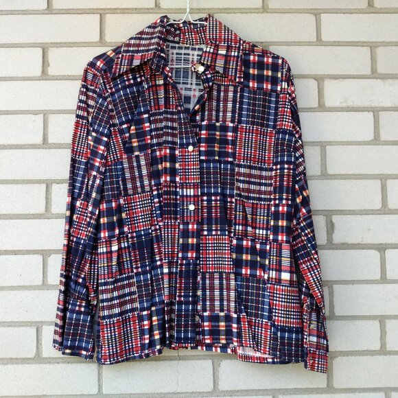 Vintage 60s 70s Plaid Patchwork Shirt 43"B Butterfly Collar Moonglow Buttons - Picture 3 of 12